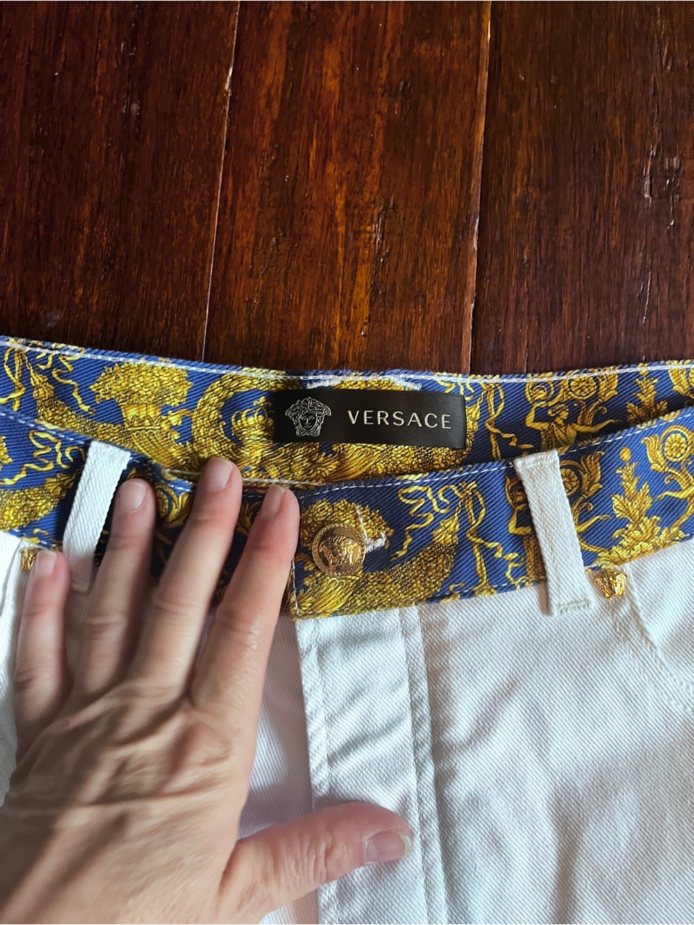 Versace Blue and Gold Baroque Trim White Pants - Picture 2 of 9